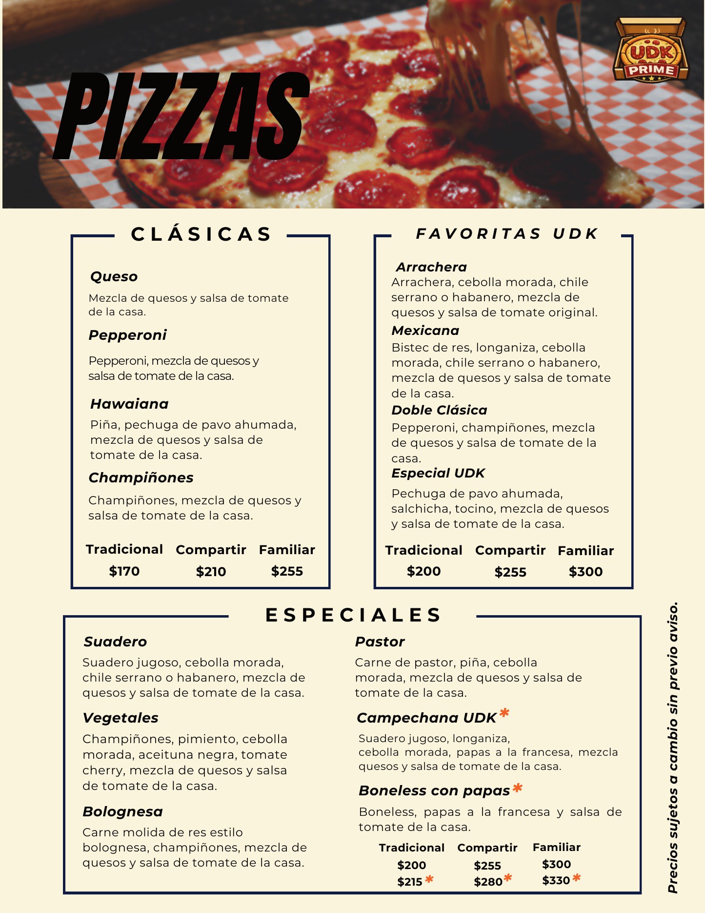 Menú de pizzas UDK Prime