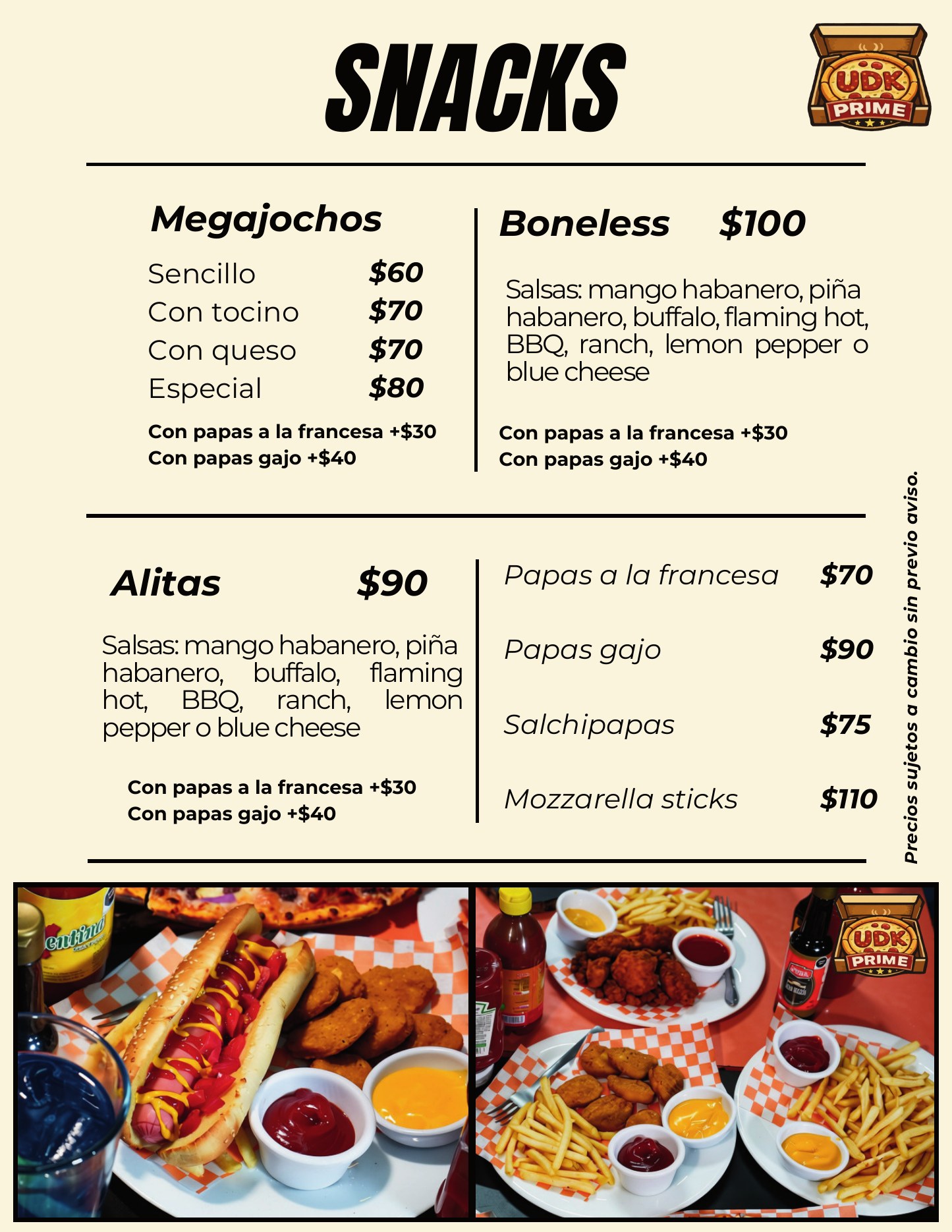 Menú de snacks UDK Prime