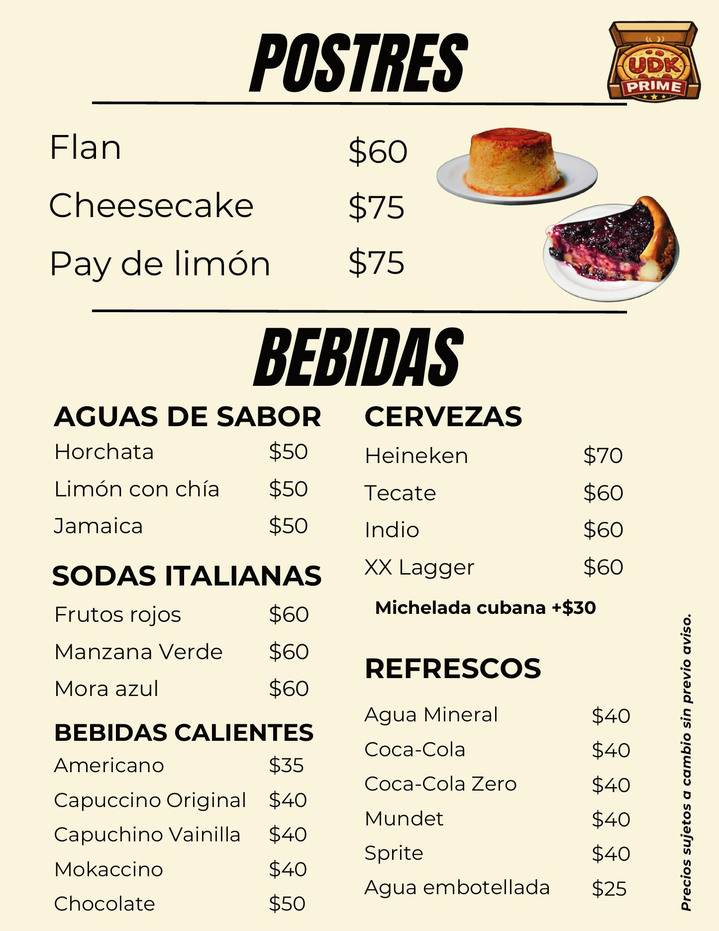 Menú de postres y bebidas UDK Prime