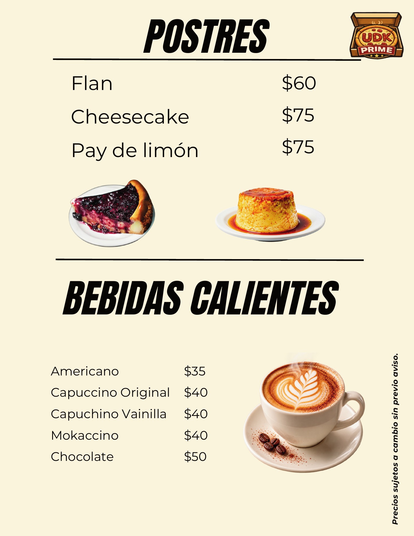 Menú de postres y bebidas calientes UDK Prime